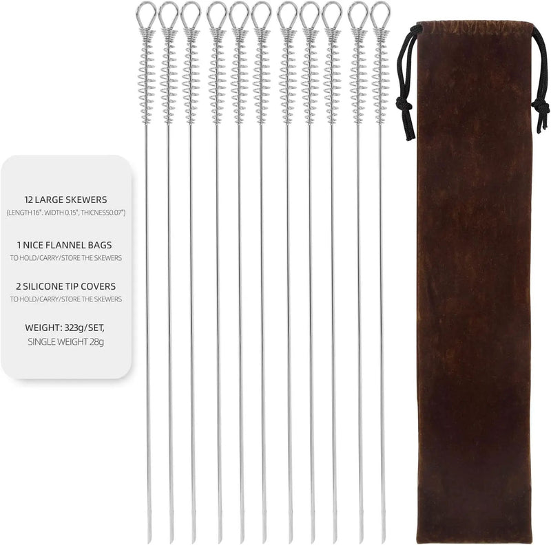 16"" 12 Pack - Metal Skewers Flat Long Kabob Skewers Reusable BBQ Barbecue Shish Sticks Skewers for Grilling, Stainless Steel, Sliver by GreenHaven Gardens