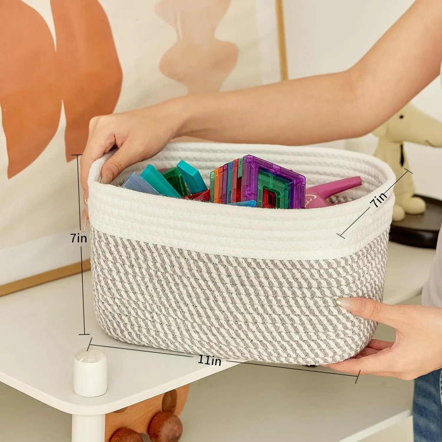 Small Cotton Rope Basket – Storage Bin for Organizing (10.6" x 6.7" x 6.7"), Bathroom Storage Basket for Shelf, Counter & Closet（White & Mixed Grey） by GreenHaven Gardens