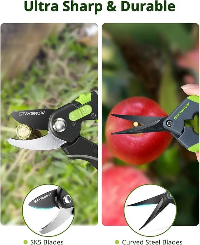 Pruning Shears for Gardening 2 Pack, 8.5" Bypass Garden Clippers and 6.5" Curved Gardening Shears, Pruners with Super Sharp Stainless Steel Blades, Safety Lock, Gardening Gifts for Men Women by GreenHaven Gardens
