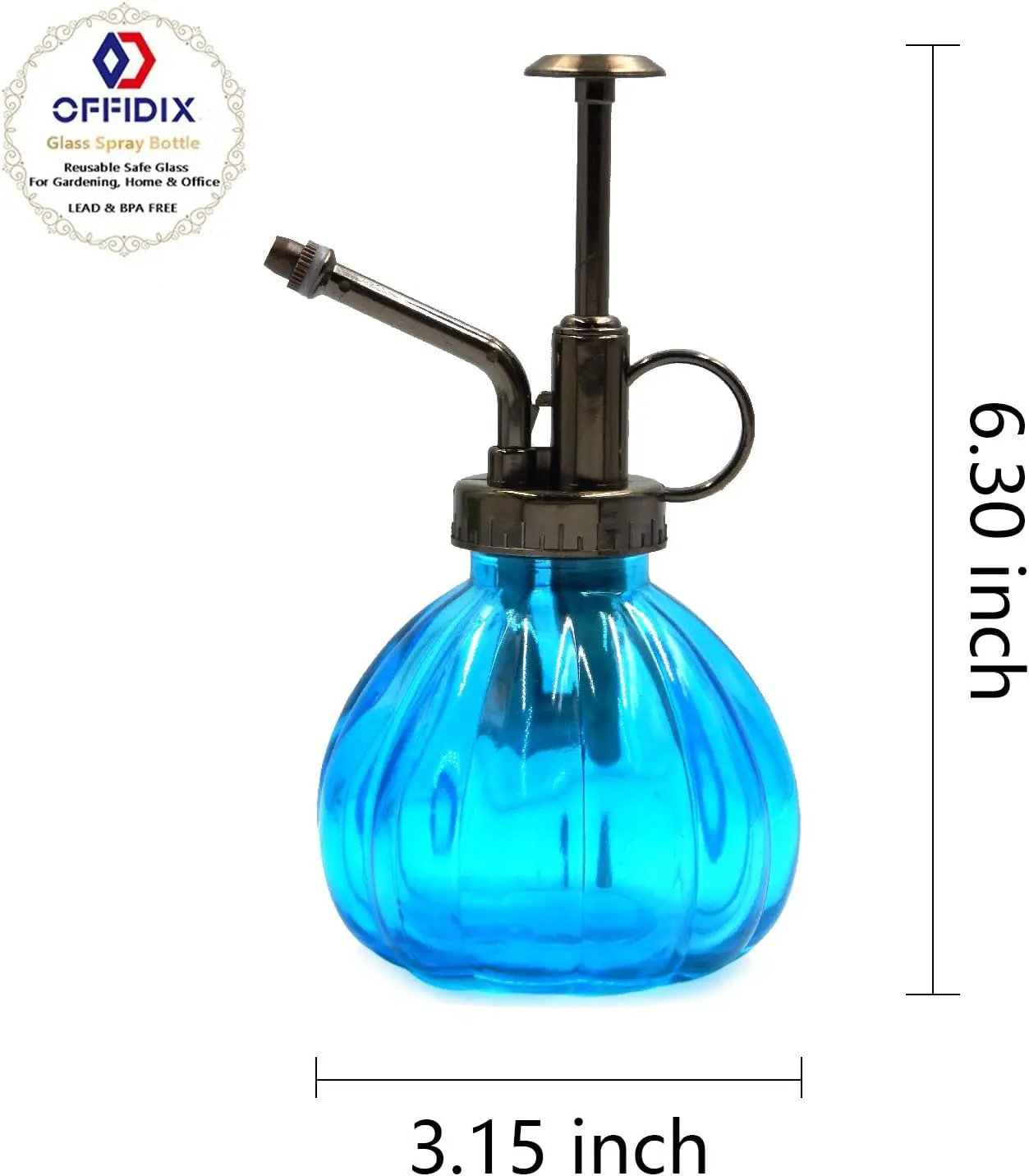 OFFIDIX Glass Watering Spray Bottle, 6.3" Tall Vintage Style with Bronze Plastic Top Pump One Hand Watering Can Spray Bottle (Light Blue) by GreenHaven Gardens