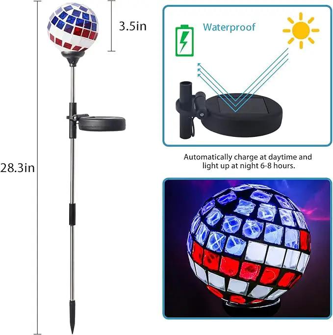 WNP Solar Powered Outdoor Garden Light Stakes Decoration,Mosaic Globe 4th of July Stake Solar Light Garden Decor,Solar Glow Glass Ball Lights Waterproof Decor Light for Patio Pathway,Yard by GreenHaven Gardens