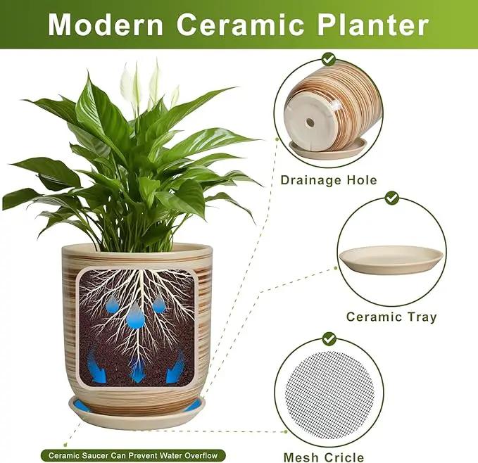 12 Inch Pots for Plants - Ceramic Planters for Indoor Plants, Large Planter Pot for Home Garden Patio Office with Drainage Hole Cylinder Flower Pot Yellow by GreenHaven Gardens