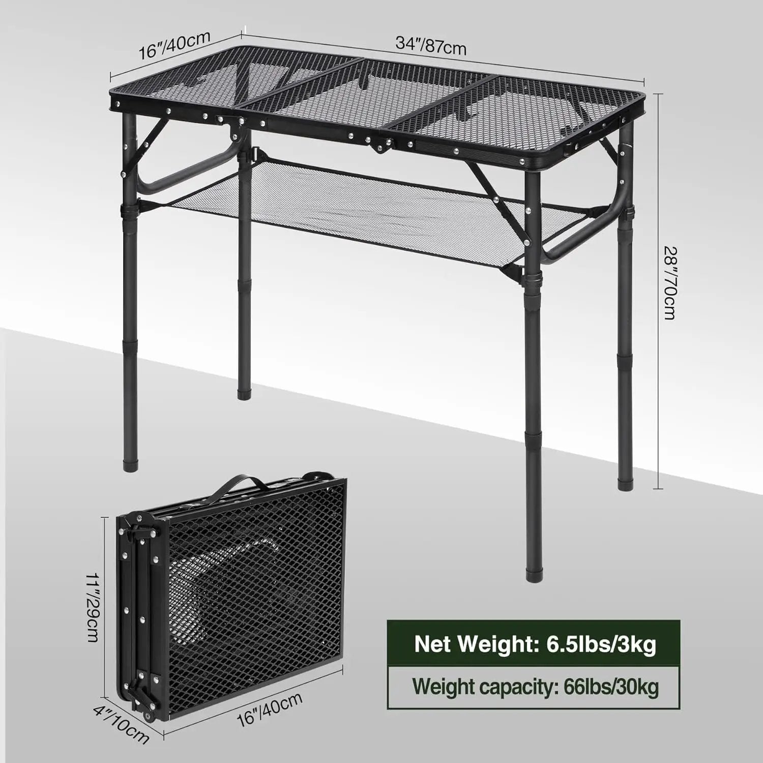 REDCAMP Small Triple fold Folding Grill Table for Outside, 3 Heights Adjustable Lightweight Portable Metal Aluminum Frame Outdoor Table for Camping Picnic Cooking BBQ, Black, 34x16 inches by GreenHaven Gardens