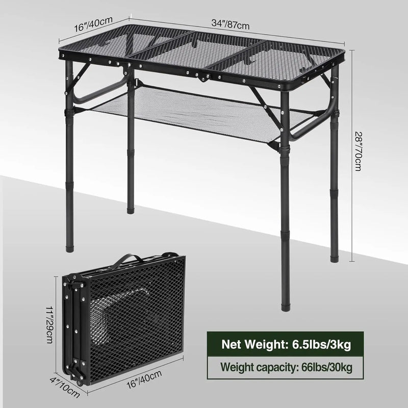 REDCAMP Small Triple fold Folding Grill Table for Outside, 3 Heights Adjustable Lightweight Portable Metal Aluminum Frame Outdoor Table for Camping Picnic Cooking BBQ, Black, 34x16 inches by GreenHaven Gardens