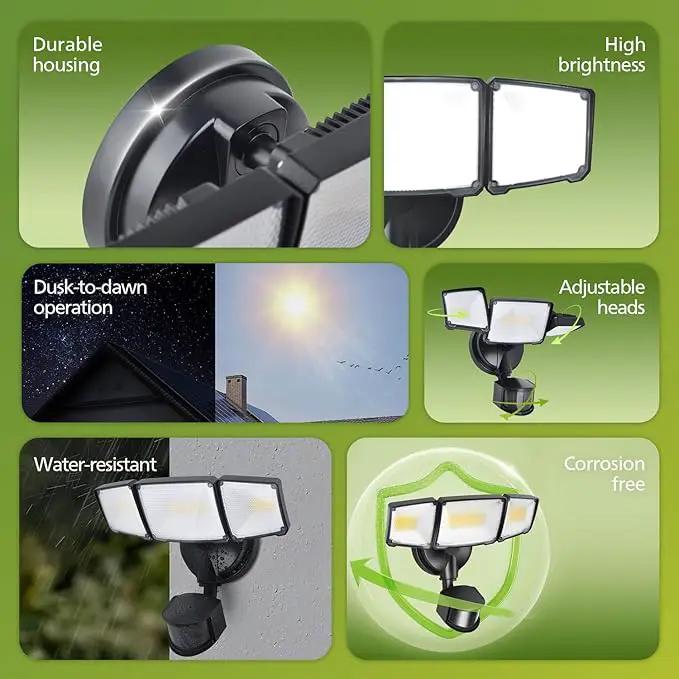 Philips 72W 7400LM LED Security Lights w/PIR Motion Sensor Outdoor, 5000K Daylight Dusk to Dawn Aluminum Flood Light, 3 Adjustable Heads, Waterproof for Garage, Yard, Porch by GreenHaven Gardens