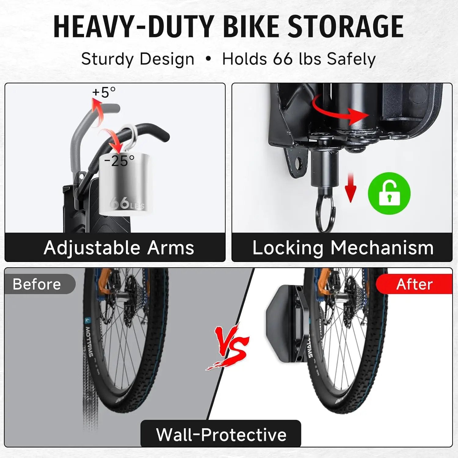Bike Rack Garage,Bike Wall Mount, 150° Swivel & Space-Saving Vertical Bike Hangers for Storage, Sturdy Bike Stand Holds Up to 66lbs, Easy to Install, 4 Pack by GreenHaven Gardens