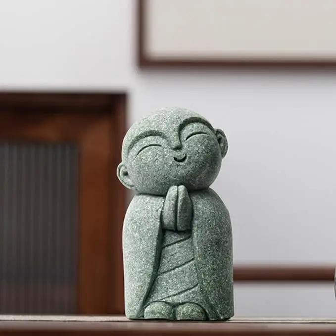 OwMell Japanese Jizo Monk Statue Praying, Buddha Jizo Statue Figurine Memorial Statue Aquarium Decoration for Garden Outdoor Ornament 2.6" - Tilting Head by GreenHaven Gardens