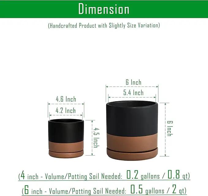 D'vine Dev 4.6 Inch & 6 Inch Ceramic Planter Pots for Plants with Drainage Hole and Saucer, Small Plant Pots Set, Black/Speckled Tan, 94-G-S-7 by GreenHaven Gardens