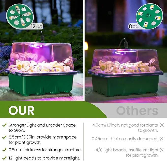 MIXC 6-Pack Seed Starter Tray Kit with Plant Light Seedling Trays with Adjustable Humidity Domes & Clear Cell Trays 12 Full Spectrum LED Beads for Indoor Plant Growth (Green) by GreenHaven Gardens