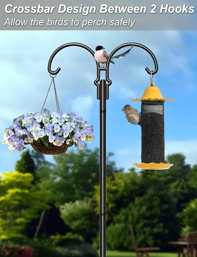 Outdoor Double Shepherds Hook with 5 Prong Base, 76 Inch Adjustable Heavy Duty Two Sided Bird Feeder Pole Stand for Hanging Plant Baskets, Solar Light Lanterns, Hummingbird Feeder, 2 Pack by GreenHaven Gardens