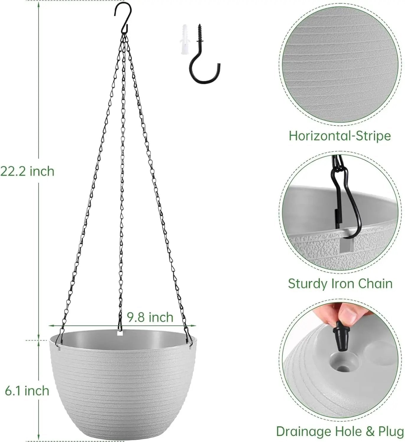 Hanging Planters for Indoor Outdoor Plants, Set of 2 Self Watering Hanging Pots with Drainage Hole & Plug and 20" Chain & Hooks by GreenHaven Gardens