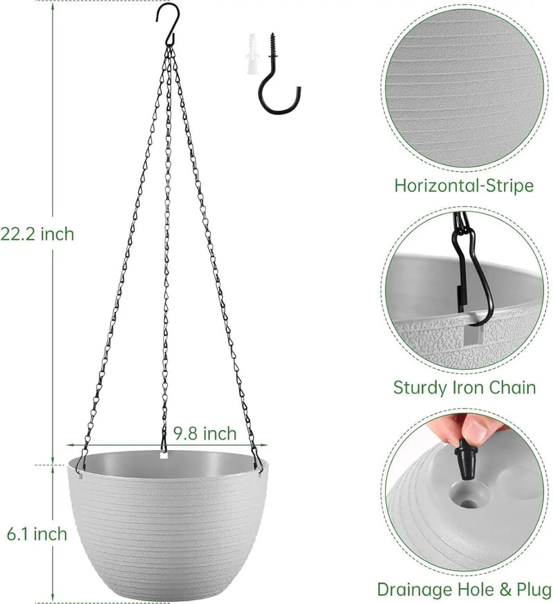 Hanging Planters for Indoor Outdoor Plants, Set of 2 Self Watering Hanging Pots with Drainage Hole & Plug and 20" Chain & Hooks by GreenHaven Gardens