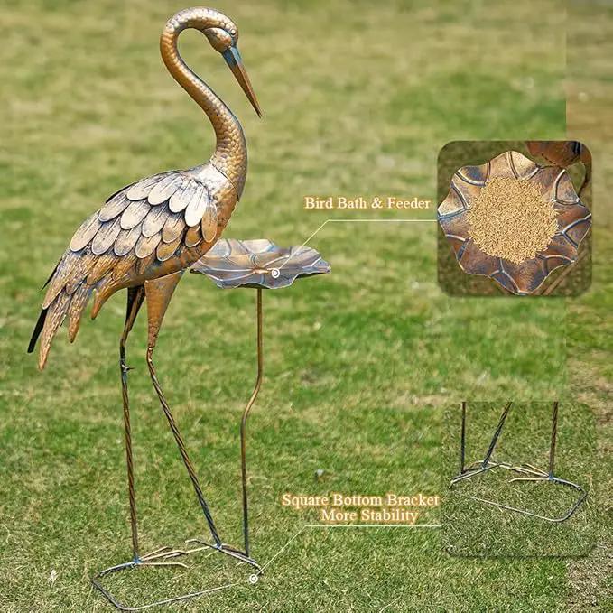 Large Heron Garden Statue, 42'' Crane Outdoor Statue with Birdbath, Crane Metal Yard Art for Porch Backyard Patio Lawn Decor (Golden) by GreenHaven Gardens