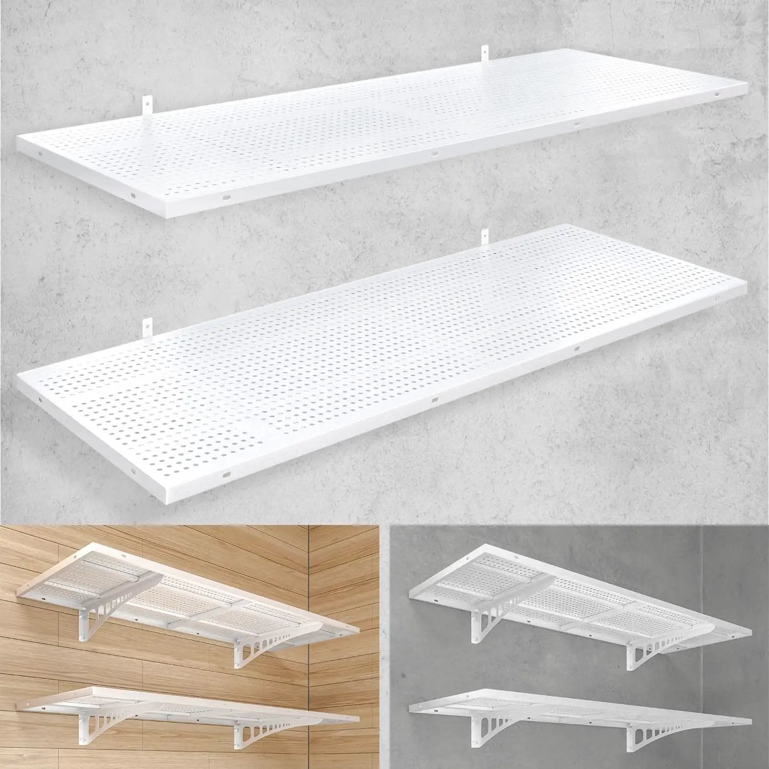 2-Pack 1.5x4ft Heavy Duty Garage Wall Shelving, 500 lbs Load Capacity, Garage Shelving Wall Mounted, Storage Rack with Hooks, White by GreenHaven Gardens