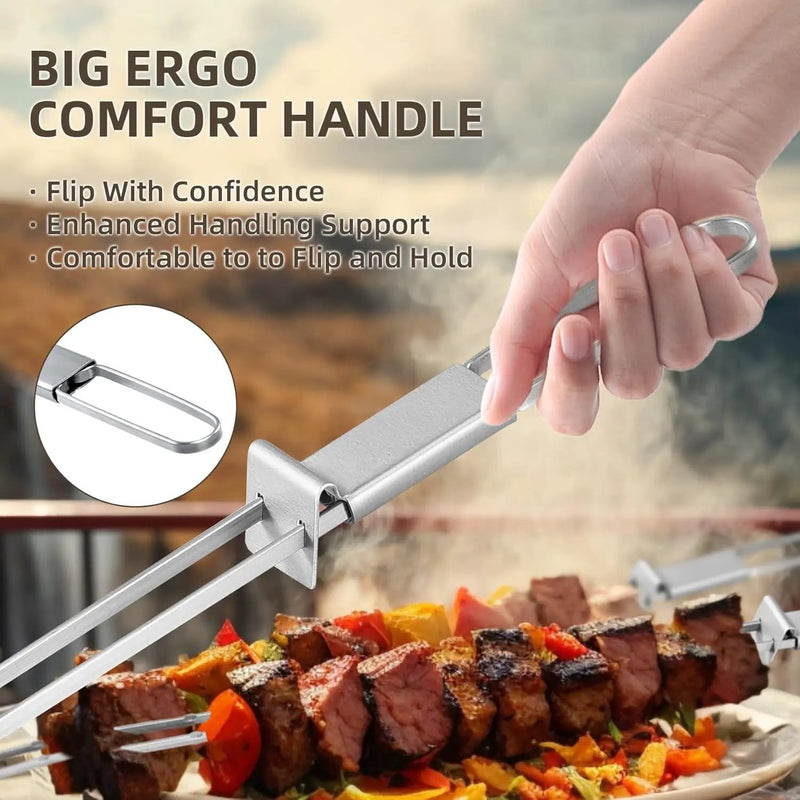 13inch 12(packs) Double Fork Flat Stainless Steel BBQ Skewers with Push Bar, Reusable Skewers for Grilling Kabob Skewer for Meat, Vegetable, BBQ Accessories by GreenHaven Gardens