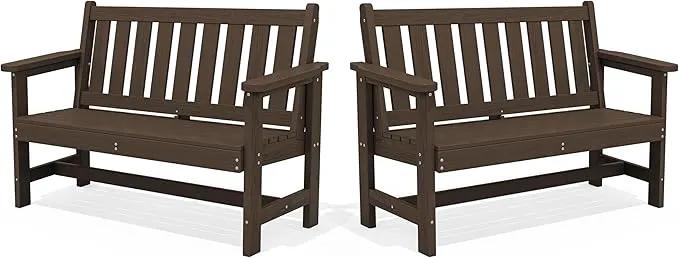 SERWALL Outdoor Bench, HDPE Outdoor Benches Weatherproof, 2-Person Garden Bench with 660 lbs Weight Capacity, Patio Benches for Outdoors, Garden, Porch, Backyard and Park, Coffee, 2 Pack by GreenHaven Gardens