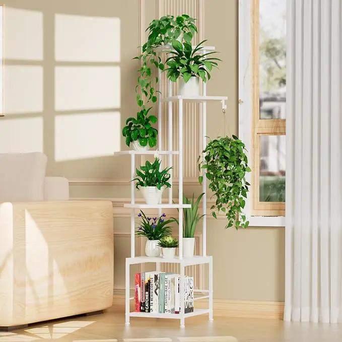 Plant Stand Indoor with Grow Light, 6-Tiered Tall Plant Stand Indoor, Metal Plant Shelf with Hanging Basket Hook and Adjustable Light, Ideal for Living Room, Garden, Patio white by GreenHaven Gardens