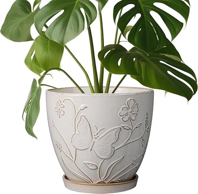 8 Inch Ceramic Pots for Plants Large Planter Pot with Drainage Hole and Saucer Round Flower Pot for Indoor Outdoor Decor, White by GreenHaven Gardens