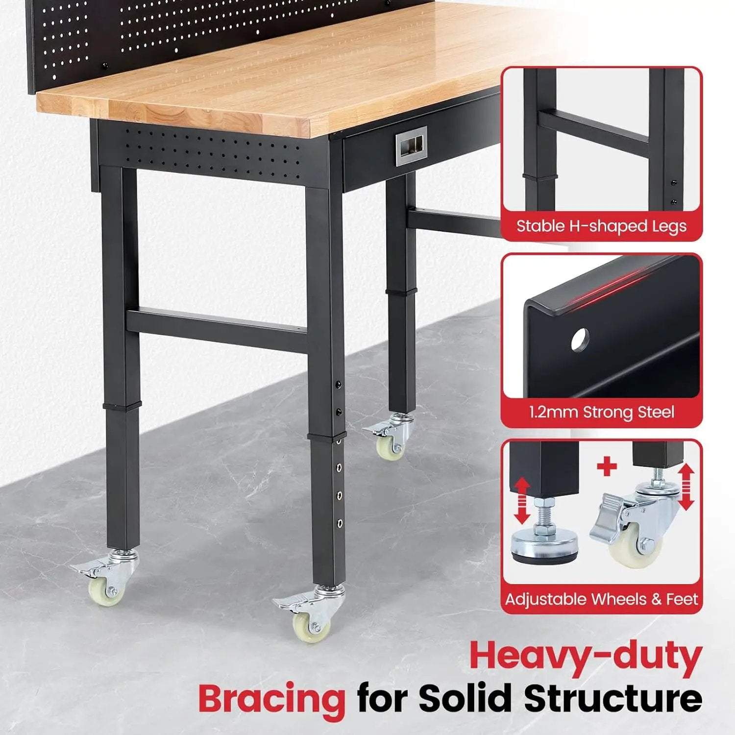 Work Bench with Wheels 60 x 22 Inch Heavy Duty Rubberwood Tabletop Work Table Adjustable Height Garage Workbench with LED, Drawers, Pegboard, Power Outlets for Woodworking Shop, Home, Office by GreenHaven Gardens