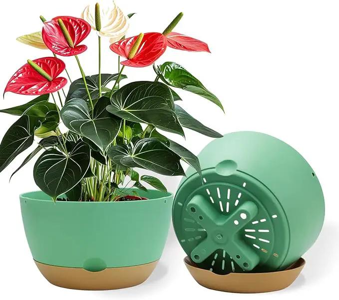 10 Inch Pots for Indoor Plants, Large Self Watering Planters with Drainage and Saucers, Plastic Outdoor Flower Pot, Set of 2, Green by GreenHaven Gardens