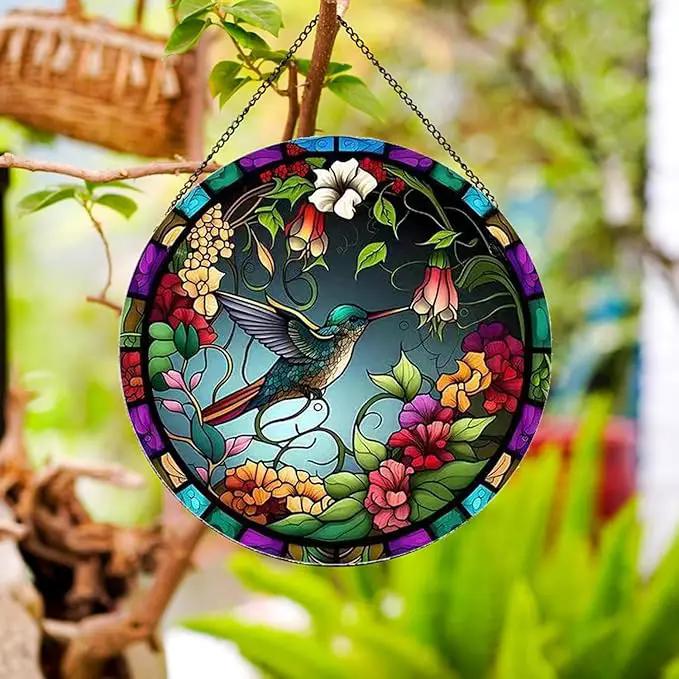 Hummingbirds and Flowers Pattern Suncatcher Stained Glass,Hanging Stained Glass for Windows,20cm/7.87inch Hand-Painted Sun Catcher Garden Hangings Painted Glass Panel Decor Themed Gift by GreenHaven Gardens