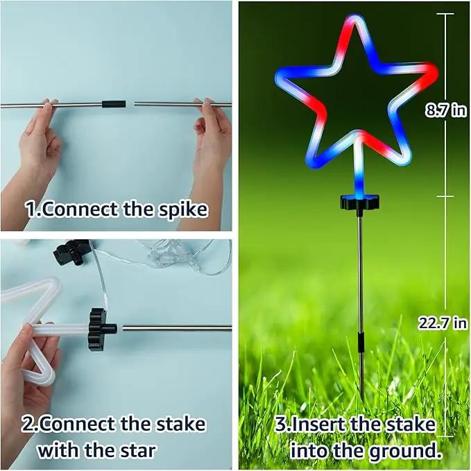 BlcTec 4th of July Decorations, 4PCS Red White and Blue Lights with Stainless Steel Stakes, 4 Big LED Neon Stars Patriotic Lights with Waterproof for Independence Day Garden Yard Lawn Decor, Plug in by GreenHaven Gardens