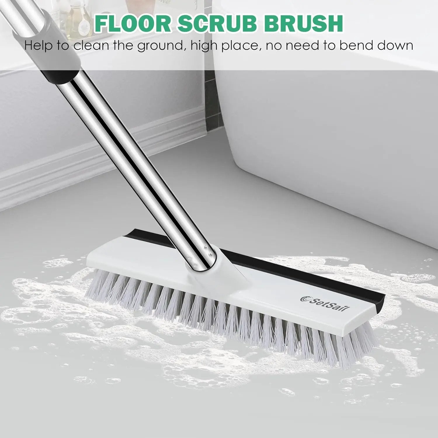 SetSail Floor Scrub Brush with 51-Inch Long Adjustable Handle 2 in 1 Scrape Brush Stiff Bristle Floor Scrubber for Cleaning Shower Bathroom Garage Kitchen Wall Deck Tub Tile by GreenHaven Gardens