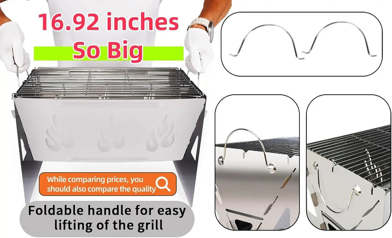 Travel-Ready BBQ Grill with Carry Bag,16.92-inch,Portable Compact Foldable Camping Grill,Easily disassembles for storage in a carrying bag,Stainless Steel Charcoal Grill, Outdoor barbecue fire pit by GreenHaven Gardens