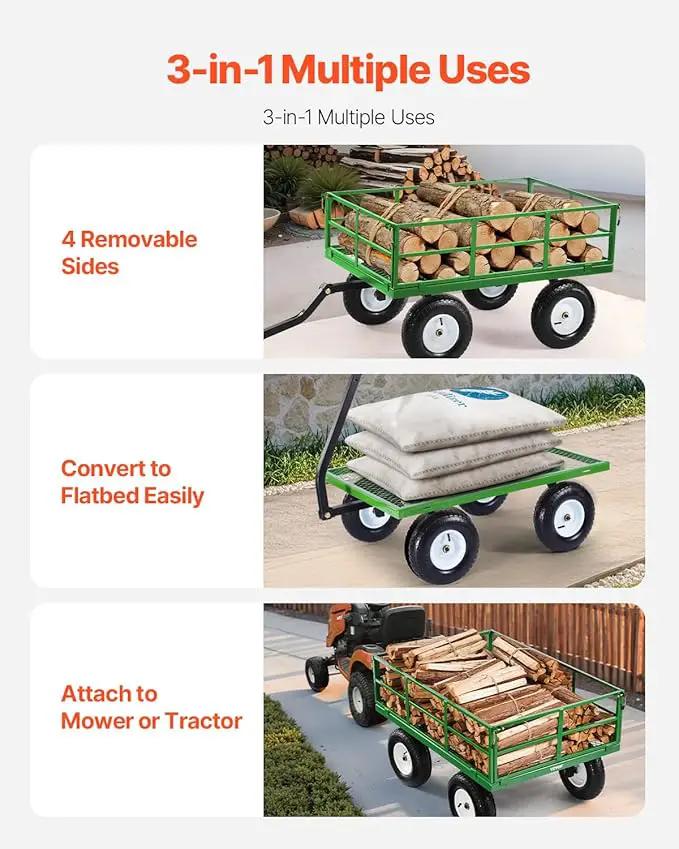 VEVOR 1200 Lbs Steel Garden Cart, Heavy Duty Pullable Garden Wagon Yard Cart, 2 in 1 Outdoor Metal Utility Wagon Yard Trailer with 13" All Terrain Tires, Mesh Removable Sides and 180°Rotating Handle by GreenHaven Gardens