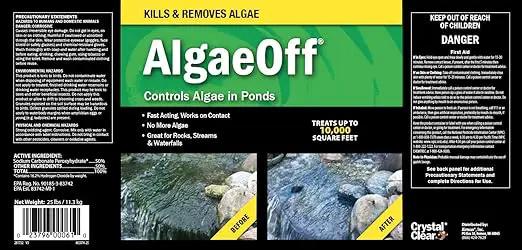CrystalClear AlgaeOff Pond & Water Garden Scum Cleaner, Waterfall & Rock Slime Remover, String Algae Killer, Green Stain Treatment, EPA Registered Algaecide, Plant, Koi Fish, Bird & Pet Safe, 25 lbs by GreenHaven Gardens