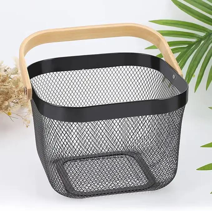Metal Mesh Steel Basket, Storage Organizer Basket Multi-functional Hanging Kitchen Baskets Fruit Basket Bin with Bamboo Handle for Kitchen Bathroom Picnic Shopping Decor Cabinet Home, Black by GreenHaven Gardens