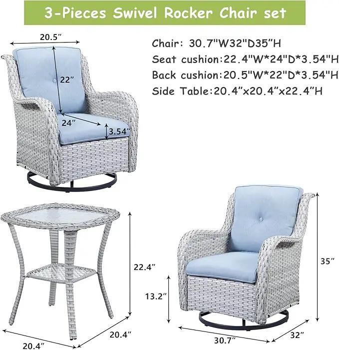 Outdoor Patio Swivel Rocker Chairs - 3 Piece Patio Bistro Set,Wicker Patio Furniture Set with 2 Swivel Rocking Chairs and 1 Glass Top Side Table for Deck Porch Garden,Light Grey/SkyBlue by GreenHaven Gardens