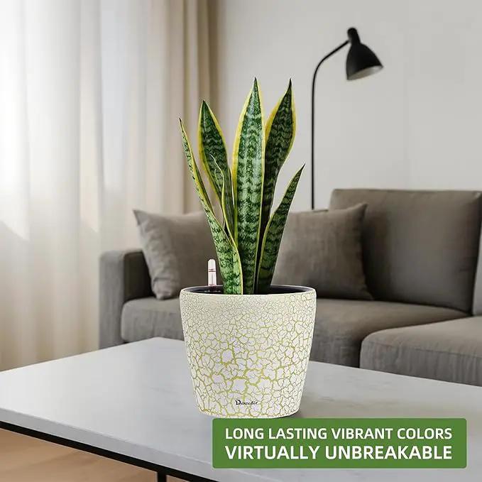 Dexceder 11x10 Inches Self Watering Planter Indoor Outdoor, Inner Pot Design, Thickened Table Flower Plant Pot with Water Level Indicator (White Gold Crackle) by GreenHaven Gardens