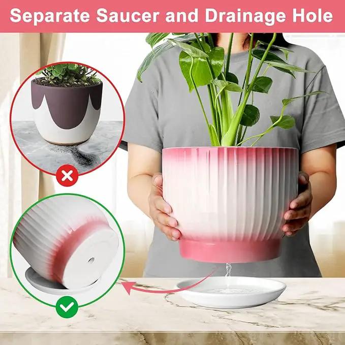 8 Inch Plant Pot, Ceramic Planter with Drainage and Saucer, Ceramic Pots for Plants, Indoor Plant pots,Flower pots(Pink + White, Plants NOT Included) by GreenHaven Gardens