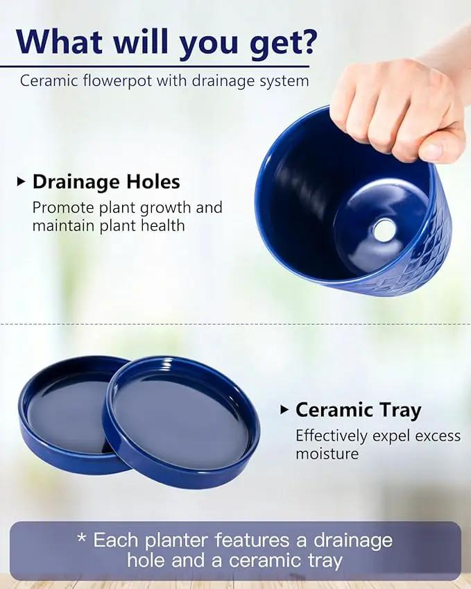 Ceramic Plant Pots –5 inch Indoor Flower Pot with Drainage Hole and Ceramic Tray - Gardening Home Desktop Office Windowsill Decoration Gift, Set of 4-Plants NOT Included(Blue) by GreenHaven Gardens