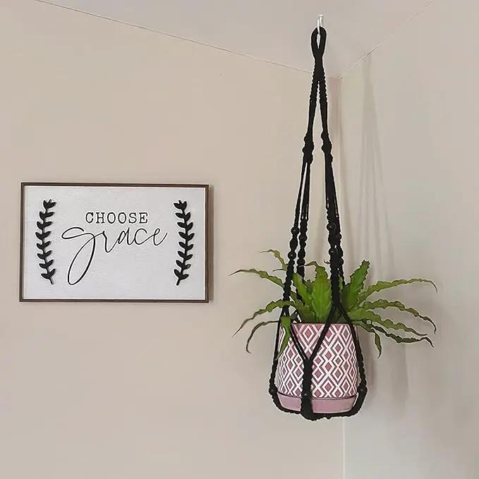 Mkono Macrame Plant Hanger Indoor Hanging Planter Basket with Wood Beads Decorative Flower Pot Holder No Tassels for Indoor Outdoor Boho Home Decor 35 Inch, Black, Set of 2 (POTS NOT Included) by GreenHaven Gardens