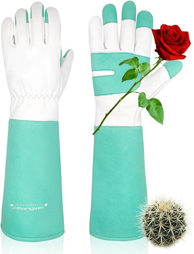 HANDLANDY Long Gardening Gloves for Men & Women, Thorn Proof Rose Pruning Gloves Leather Gauntlets Garden Glove Yard Work Glove (XS, Green) by GreenHaven Gardens