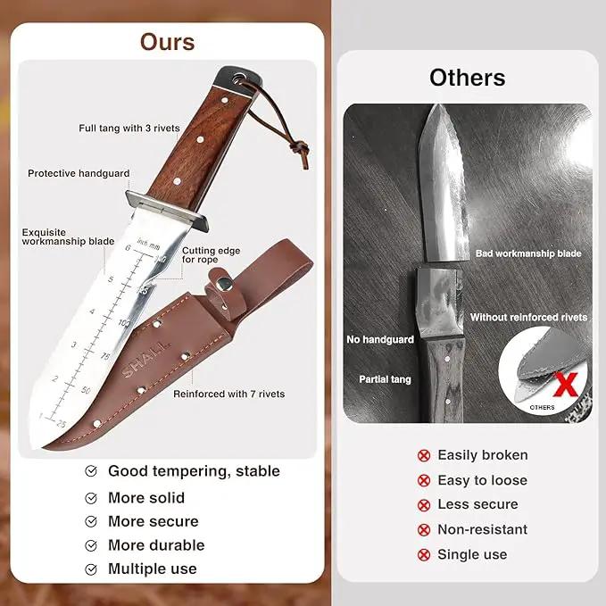 SHALL Hori Hori, Japanese Garden Knife, Soil Knife with Leather Sheath, Rosewood Handle & Hide Rope, 7” Stainless Steel Blade, Rope Cutting Edge, for Digging, Weeding, Planting, Full-Tang by GreenHaven Gardens