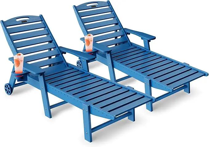 Lounge Chair Outdoor Set of 2, HDPE Chaise Lounge Chair Outdoor with 6-Position & Wheels &Cup Holder, Pool Lounge Chair for Pool Poolside Deck Backyard Patio, Navy Blue by GreenHaven Gardens