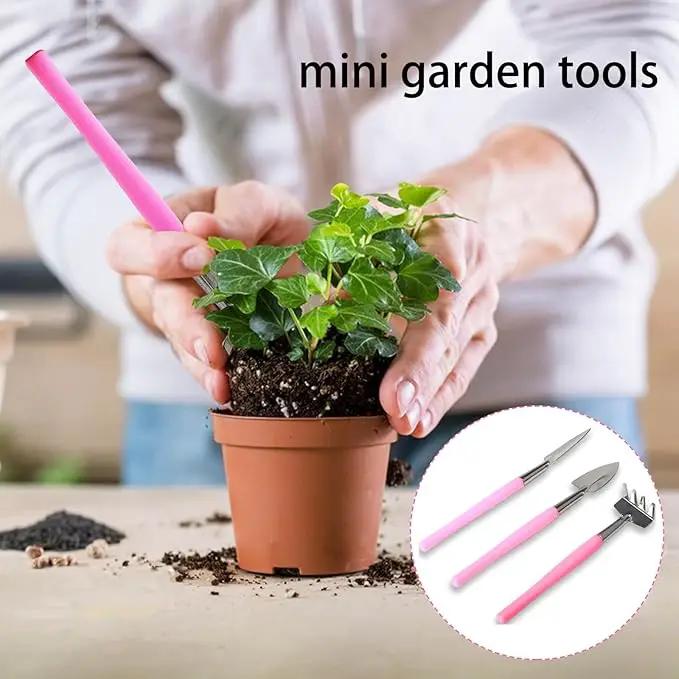 Mini Gardening Tools, 3Pcs Stainless Succulent Tools Kit Shovel Rake Trowel, 2 Colors Hand Shovel for Gardening for Indoor Small Plants, Succulents, Potted Plants, Bonsai (Pink) by GreenHaven Gardens