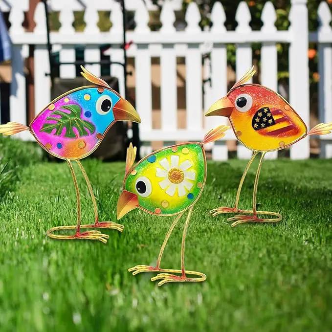 Birds Garden Decor for Outside: Metal & Glass Bird Yard Art, Craft Statue Lawn Ornaments for Outdoor, Housewarming Birthday Gifts for Women (3 PCS) by GreenHaven Gardens