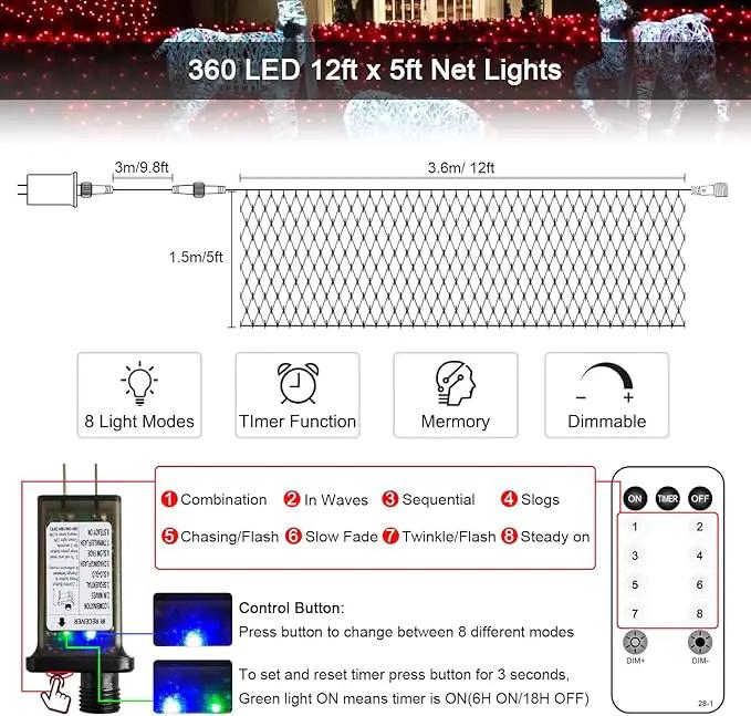 JMEXSUSS 360 LED Red Net Lights Outdoor, Connectable 12ft x 5ft Red Net Lights Plug in with Remote, 8 Modes Waterproof Red Christmas Lights for Bushes Christmas Halloween Decorations by GreenHaven Gardens