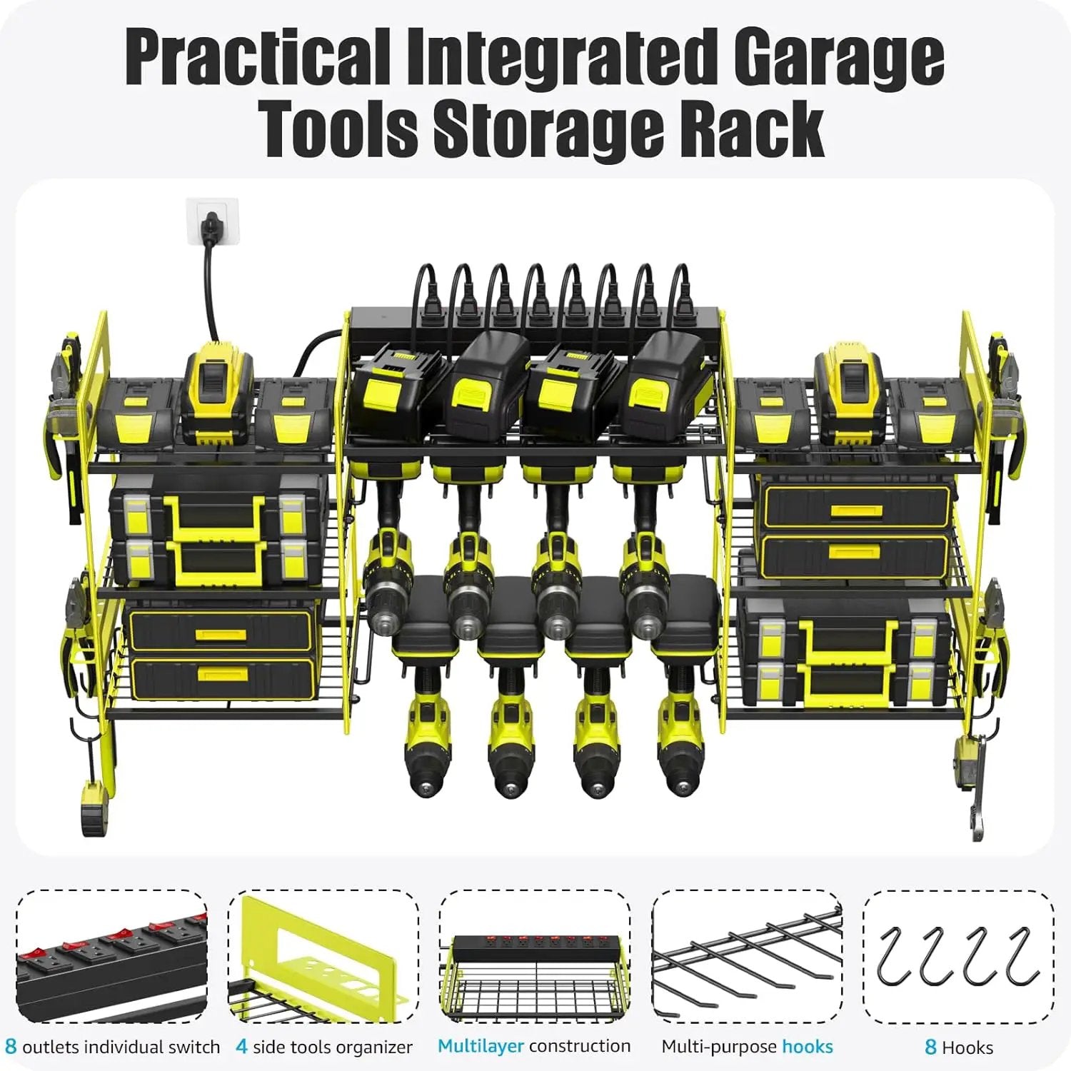 CCCEI Green Power Tool Organizer Wall Mount, Large Tools and Battery Storage Rack Charging Station Individual Switches. Drills Holder, Garage Utility Shelves with 6FT Power Strip. Gift for Men. by GreenHaven Gardens