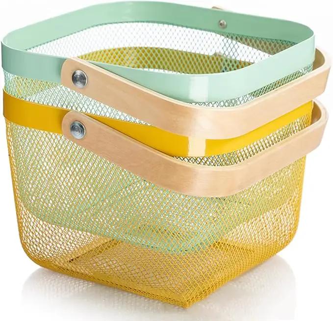 Metal Mesh Steel Basket, Storage Organizer Basket Multi-functional Hanging Kitchen Baskets Fruit Baskets with Wooden Handle for Kitchen Bathroom Picnic Shopping Decor Cabinet Home, Yellow by GreenHaven Gardens