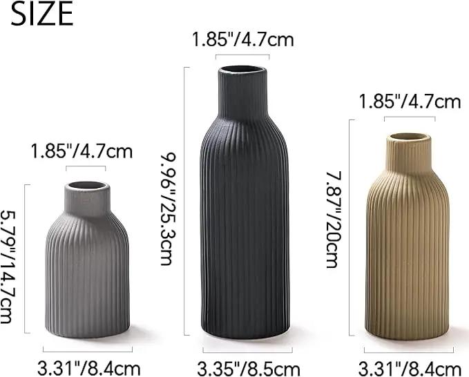 Ceramic Vase Set of 3, Flower Vases for Spring Room Decor, Kitchen Farmhouse, Modern Boho Style(Khaki/Black/Grey) by GreenHaven Gardens