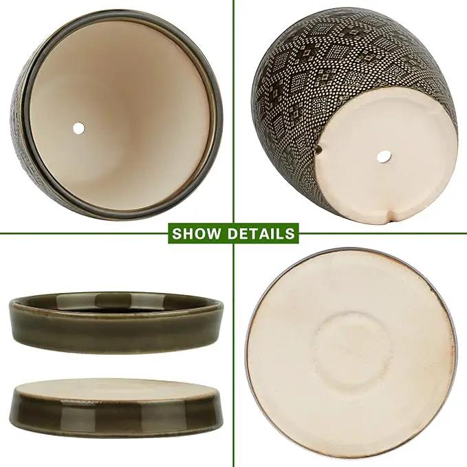 Docrin Ceramic Plant Pots Indoor, 6.6 + 5.5 Inch Planters with Drainage Holes and Saucer for Home/Office - Set of 2 /Dark Green by GreenHaven Gardens
