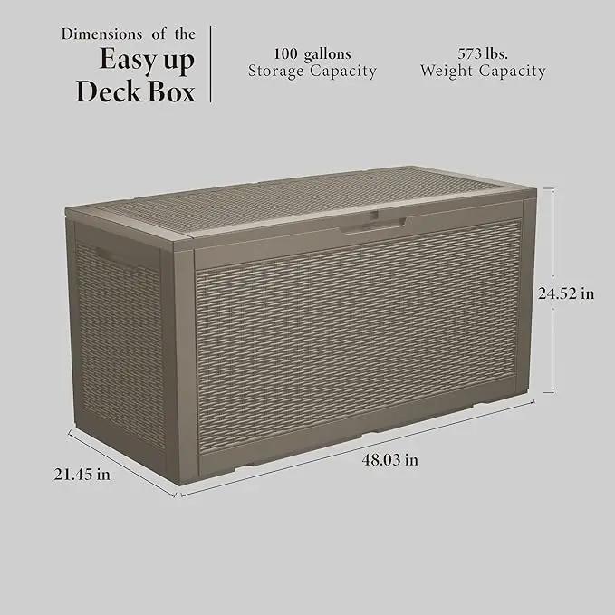 100 Gallon Lockable Resin Deck Box, Waterproof & UV-Resistant Outdoor Storage Box for Outdoor Cushion Storage, Garden Tools & Pool Accessories Storage, Gray by GreenHaven Gardens