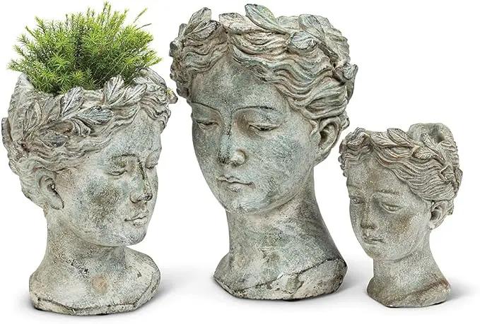 Abbott Collection Goddess Head Planter - Large Cement Indoor and Outdoor Planter Pot - Grecian Woman Statue Head Planter for Flowers and Succulents - Grey (10" H, 4.5" Opening) by GreenHaven Gardens