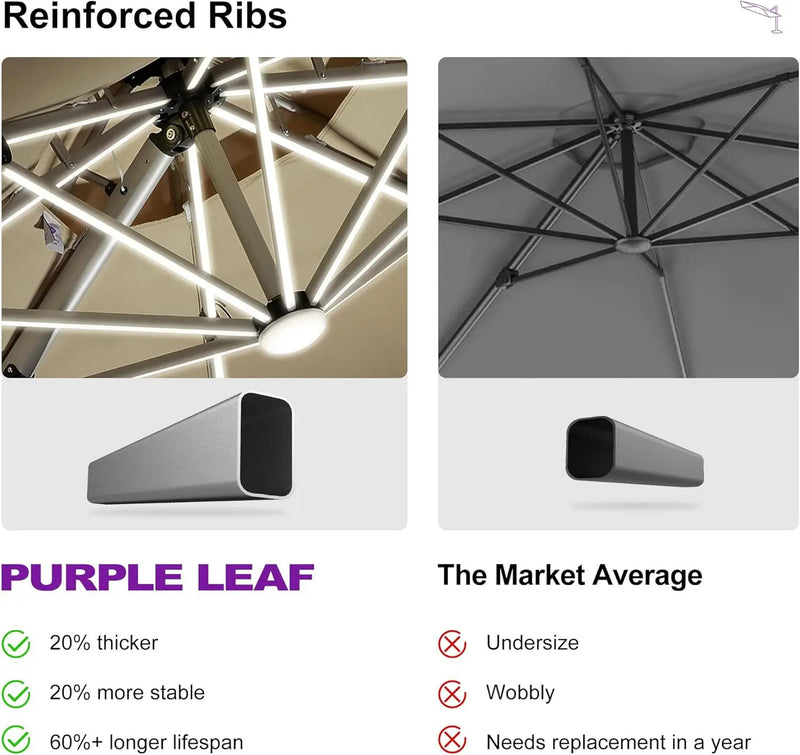 PURPLE LEAF 10ft Solar powered LED Patio Umbrella Outdoor Round Umbrellas Large Cantilever Umbrella with LED lights Windproof Offset Umbrellas Heavy Duty for Garden Deck Pool Patio, Beige by GreenHaven Gardens