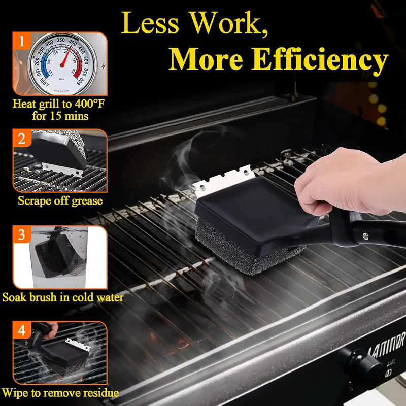 Grill Brush Bristle Free, 4 in 1 Grill Brush for Outdoor Grill with Replaceable Cleaning Head, Extra Long Safe Steam Grill Cleaner Brush with Scraper for Cast Iron, Stainless-Steel Grates by GreenHaven Gardens